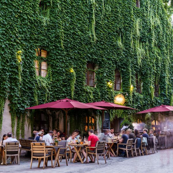 Außenbereich der Pfistermühle an dem Gäste Essen und Trinken unter einem Gartenschirm genießen.