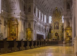Interior view of the Baroque Jesuit Church of St. Michael in Munich.